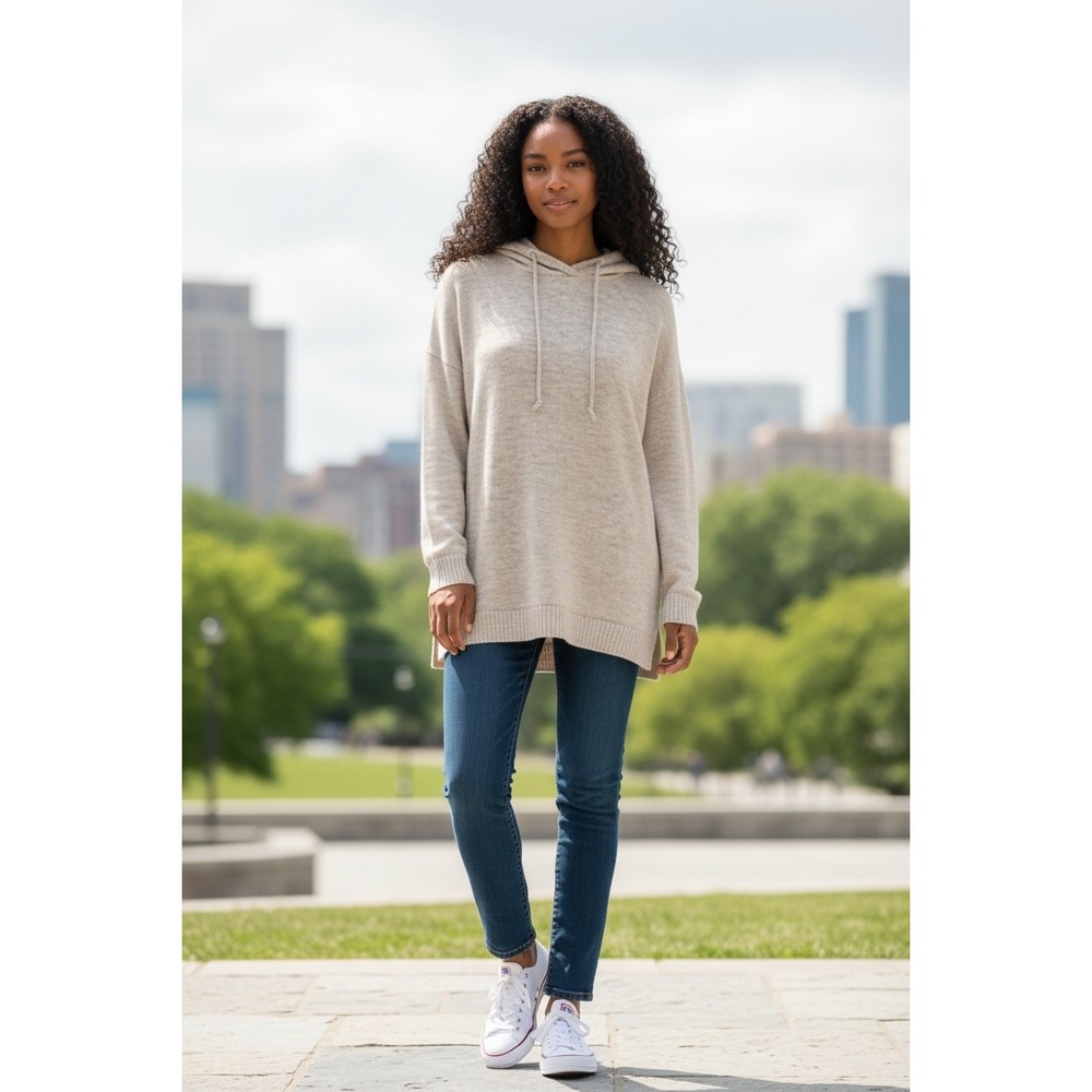 Talbots Cotton Linen Blend Hooded Sweater High-Low Hem Cottagecore Casual Sz‎ L
